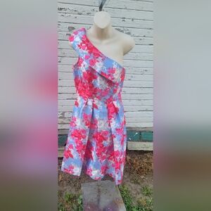 Short semi-formal off the shoulder floral homecoming dress